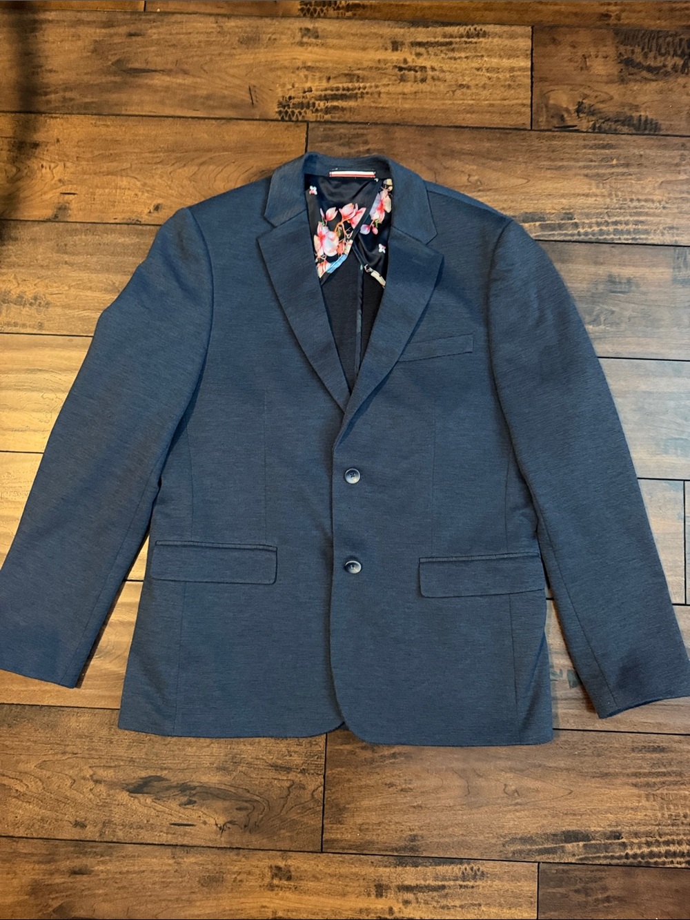 Men's Dark Blue Two-Button Blazer with Floral Lining